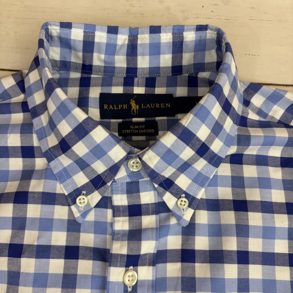 Ralph Lauren Check Shirt Mens Large Blue Slim Fit Button-Down Long Sleeve - Picture 3 of 9